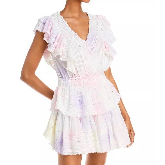 LOVESHACKFANCY Gwen Ruffled Sleeve Tie Dye Mini Dress NEW XS - Picture 1 of 9
